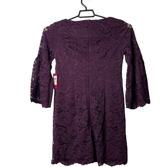 Vince Camuto‎ Flounce Bell Sleeves Plum Lace Shift Dress Dark Purple Size 4 New - Picture 2 of 12